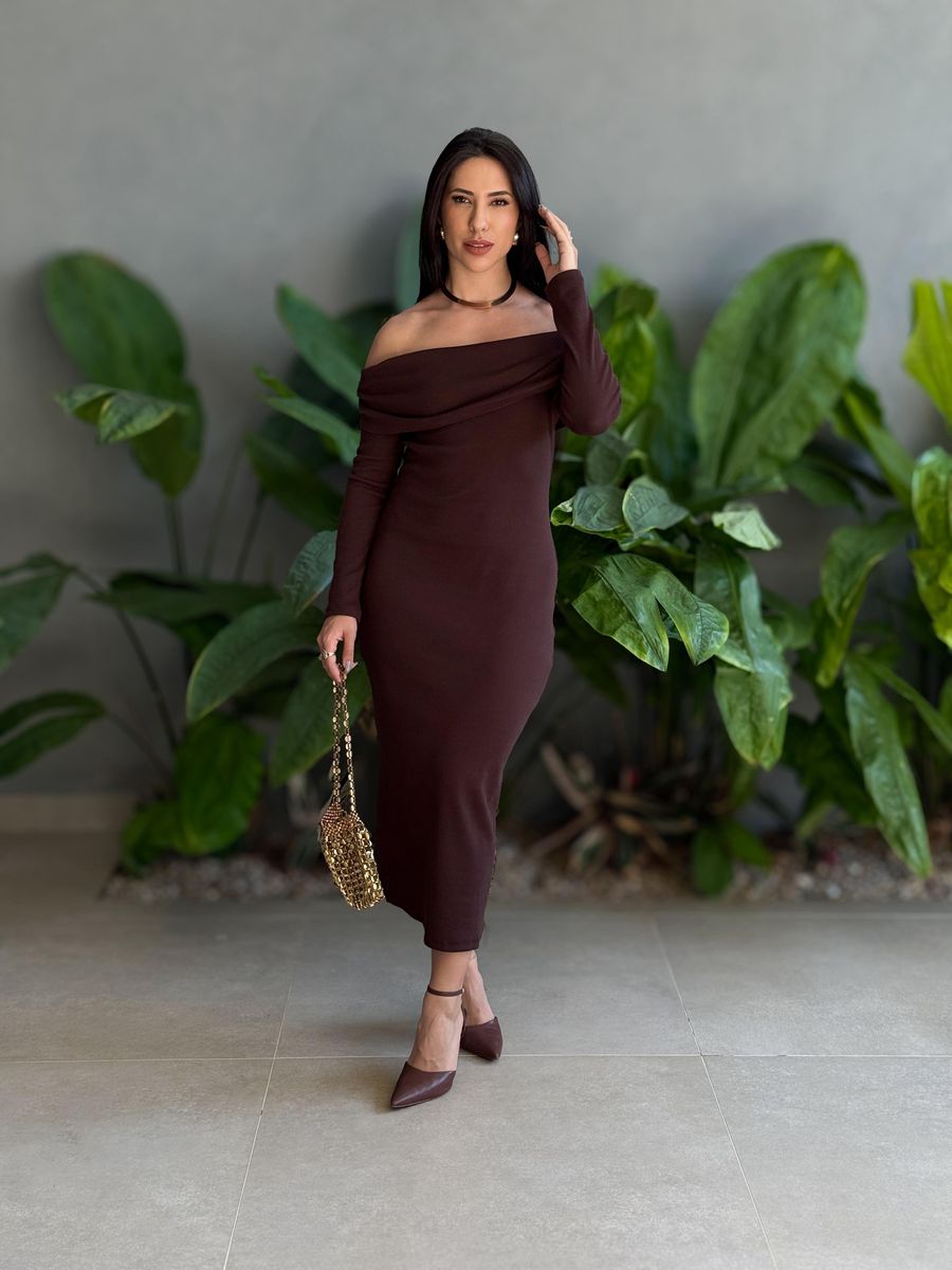 Vestido Midi Ombro a Ombro em Malha Ribana MARROM