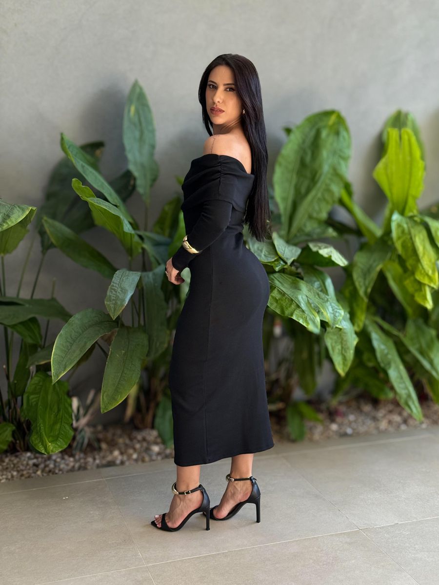 Vestido Midi Ombro a Ombro em Malha Ribana PRETO