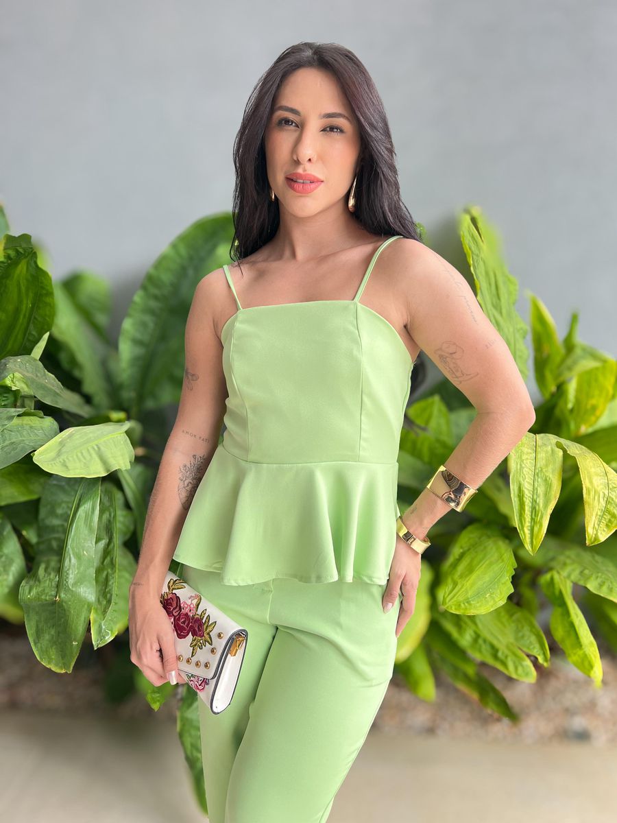 Conjunto Peplum Mavie Calça E Blusa Em Alfaiataria Verde Claro