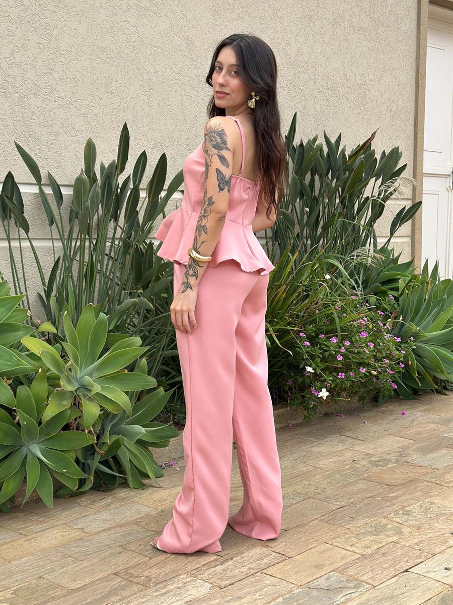 Conjunto Peplum Mavie Calça E Blusa Em Alfaiataria Rosa Claro