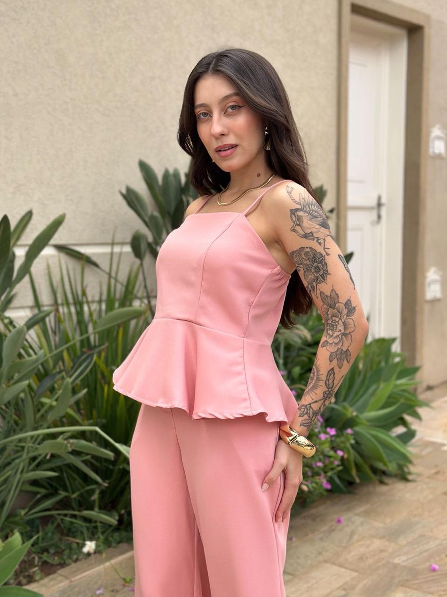 Conjunto Peplum Mavie Calça E Blusa Em Alfaiataria Rosa Claro