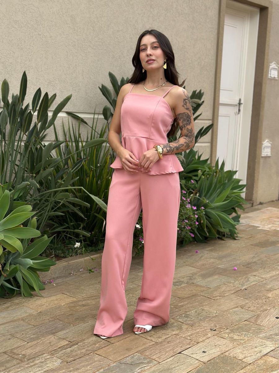 Conjunto Peplum Mavie Calça E Blusa Em Alfaiataria Rosa Claro