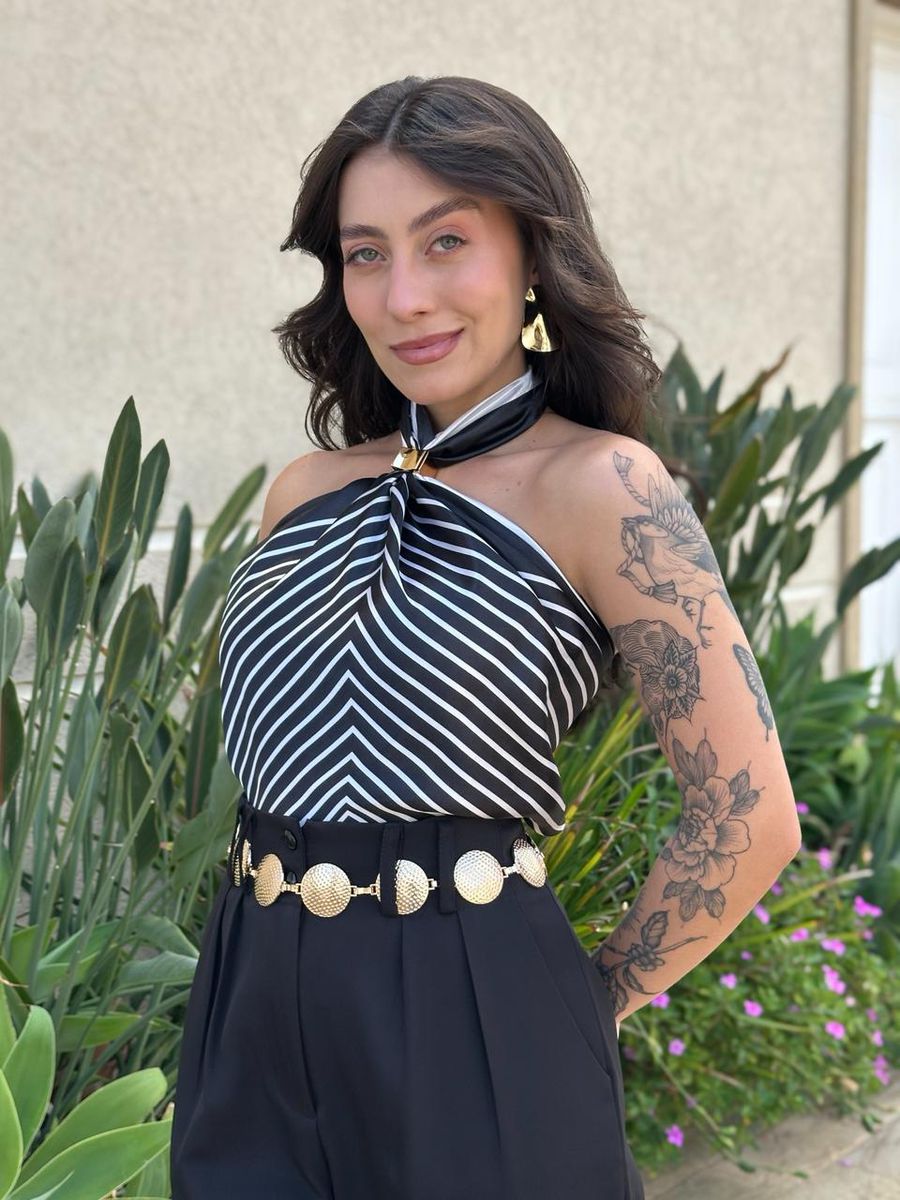 Lenço Multiformas De Amarração Estampado Preto E Creme