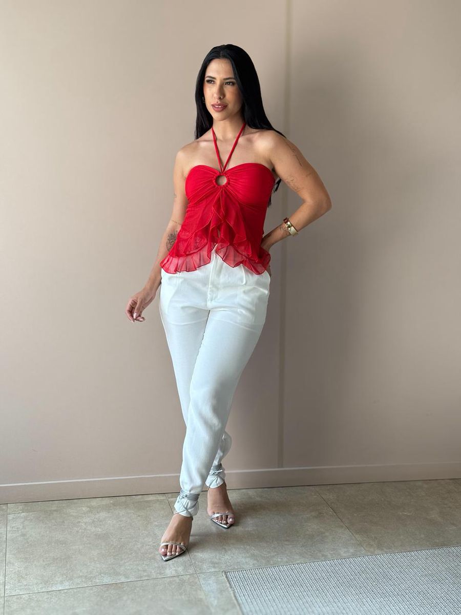 Blusa Bata Sem Alças Em Tule Vermelho