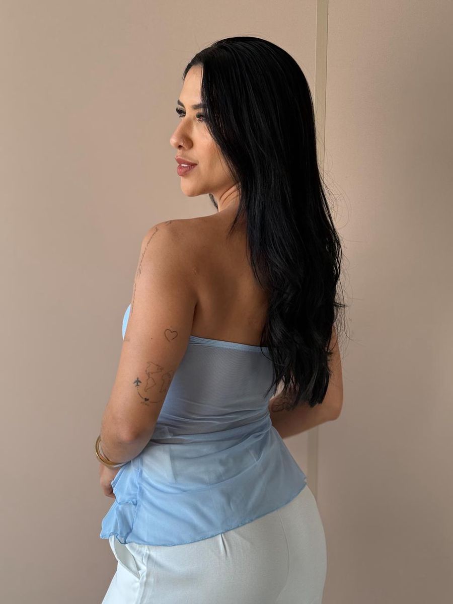 Blusa Bata Sem Alças Em Tule Azul Bebe