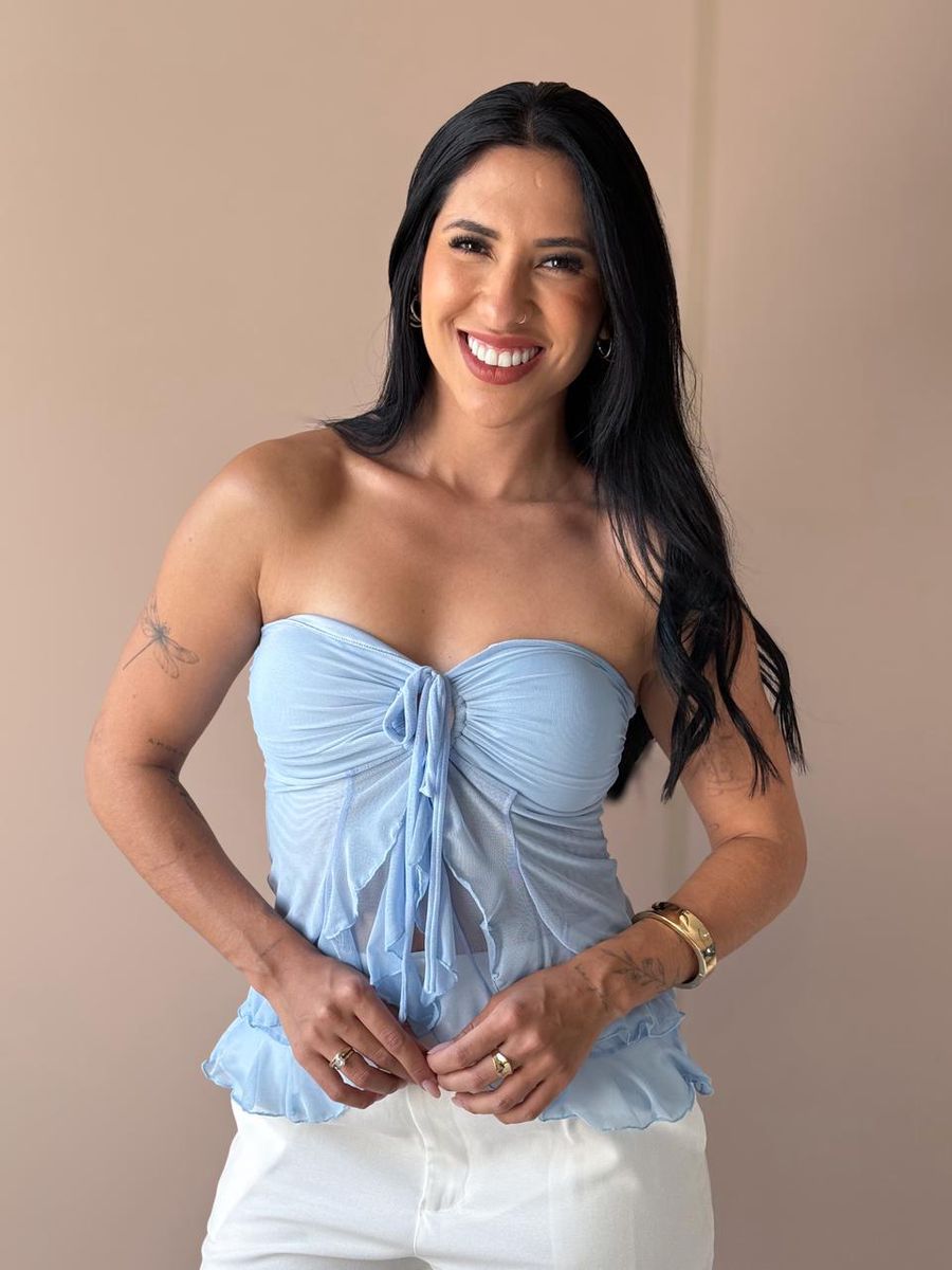 Blusa Bata Sem Alças Em Tule Azul Bebe