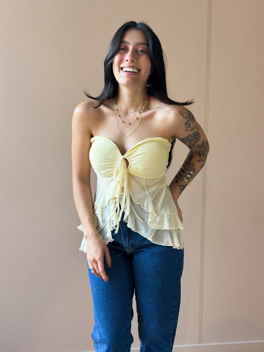Blusa Bata Sem Alças Em Tule Amarelo Manteiga