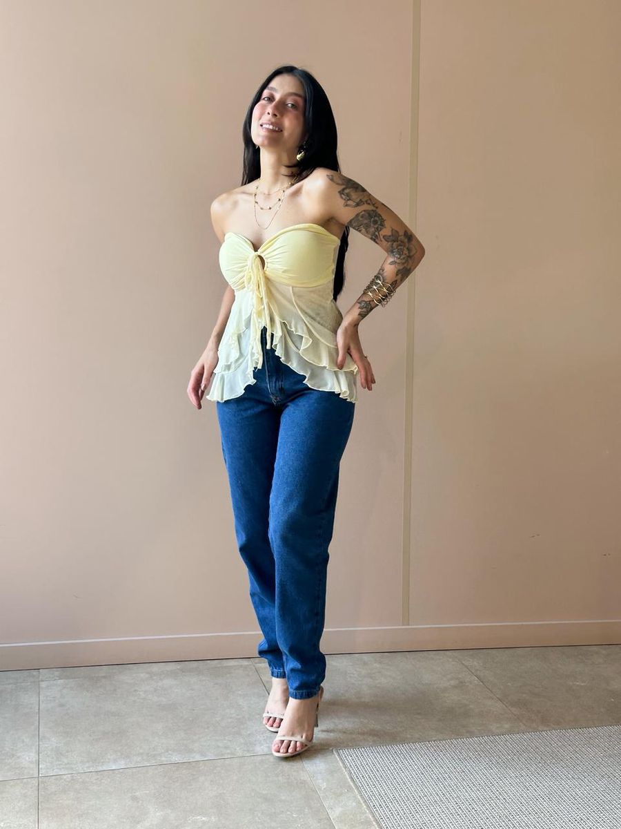 Blusa Bata Sem Alças Em Tule Amarelo Manteiga