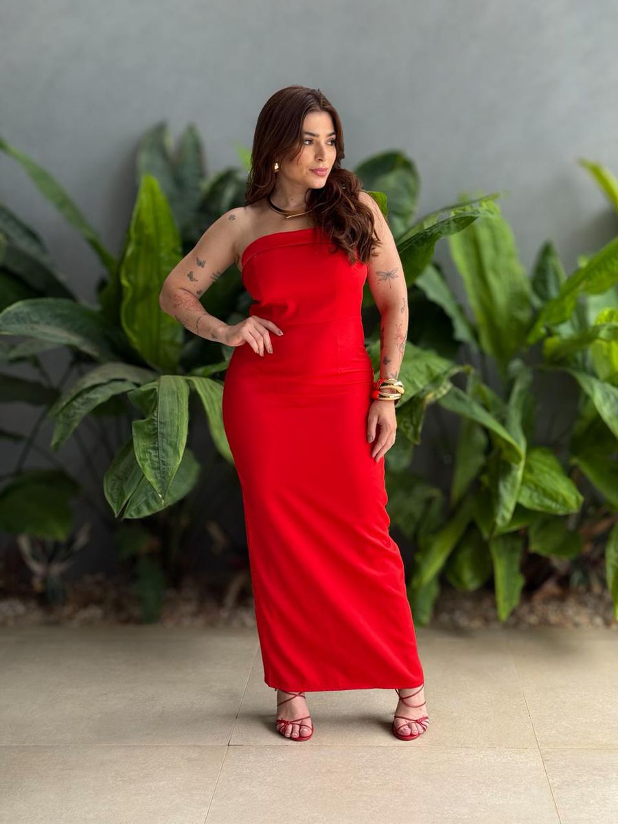 Vestido Midi Adriana Decote Sem Alças Em Alfaiataria Vermelho