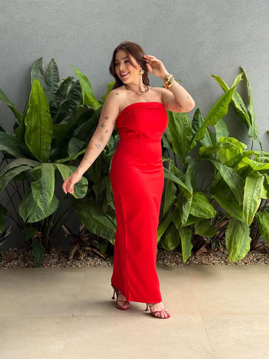 Vestido Midi Adriana Decote Sem Alças Em Alfaiataria Vermelho