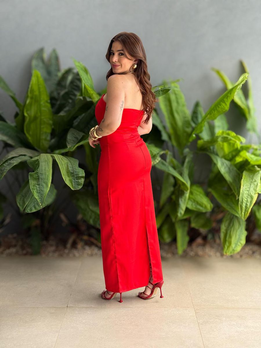 Vestido Midi Adriana Decote Sem Alças Em Alfaiataria Vermelho