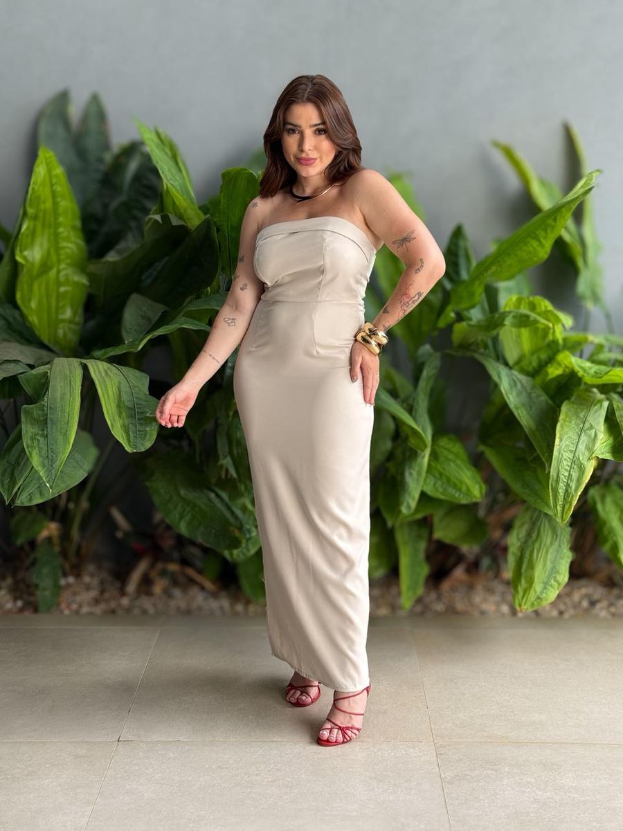 Vestido Midi Adriana Decote Sem Alças Em Alfaiataria Bege Claro