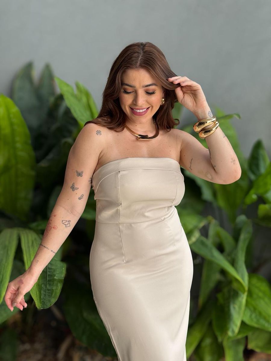 Vestido Midi Adriana Decote Sem Alças Em Alfaiataria Bege Claro