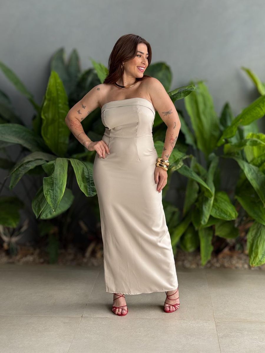 Vestido Midi Adriana Decote Sem Alças Em Alfaiataria Bege Claro