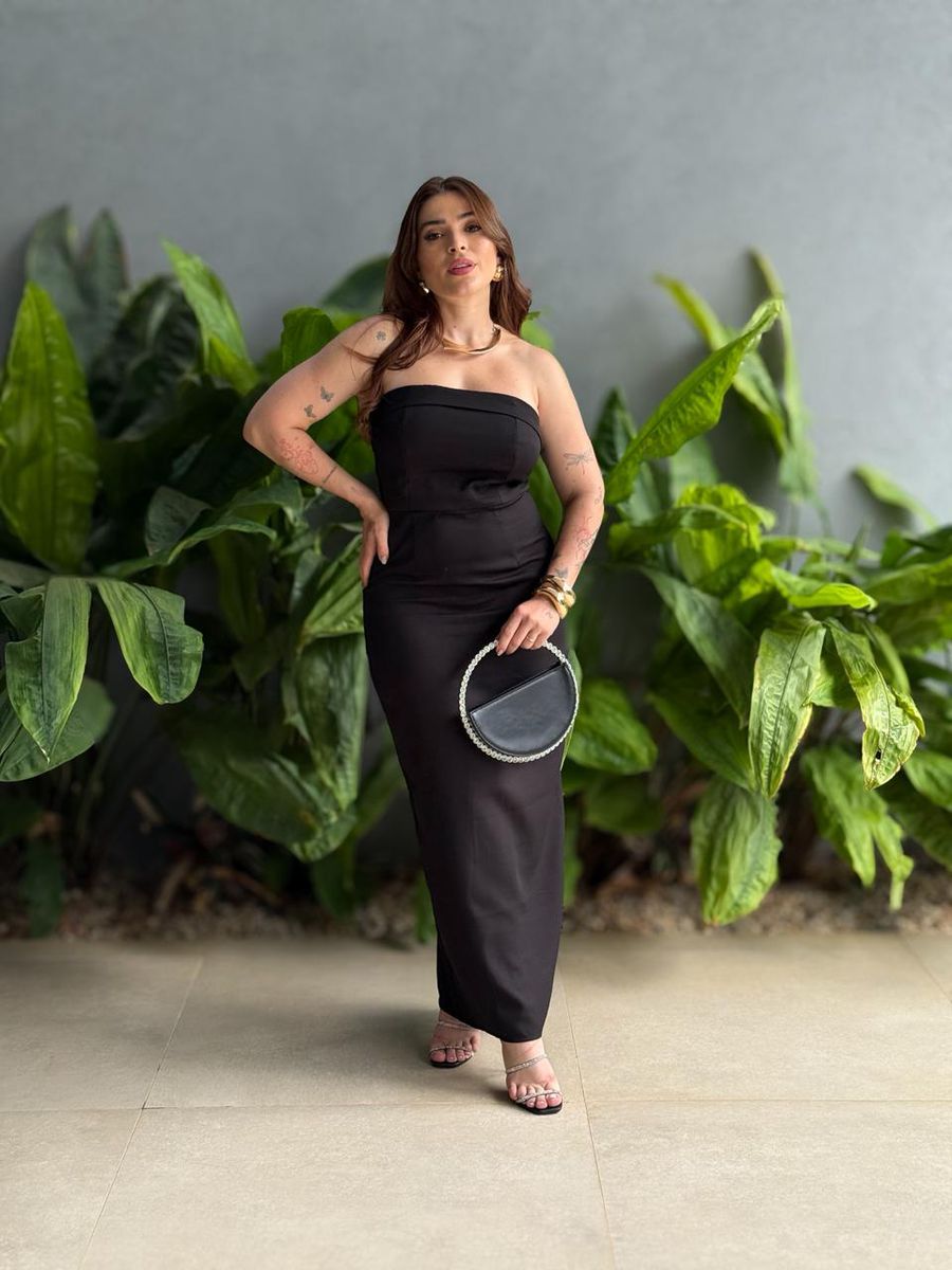 Vestido Midi Adriana Decote Sem Alças Em Alfaiataria Preto