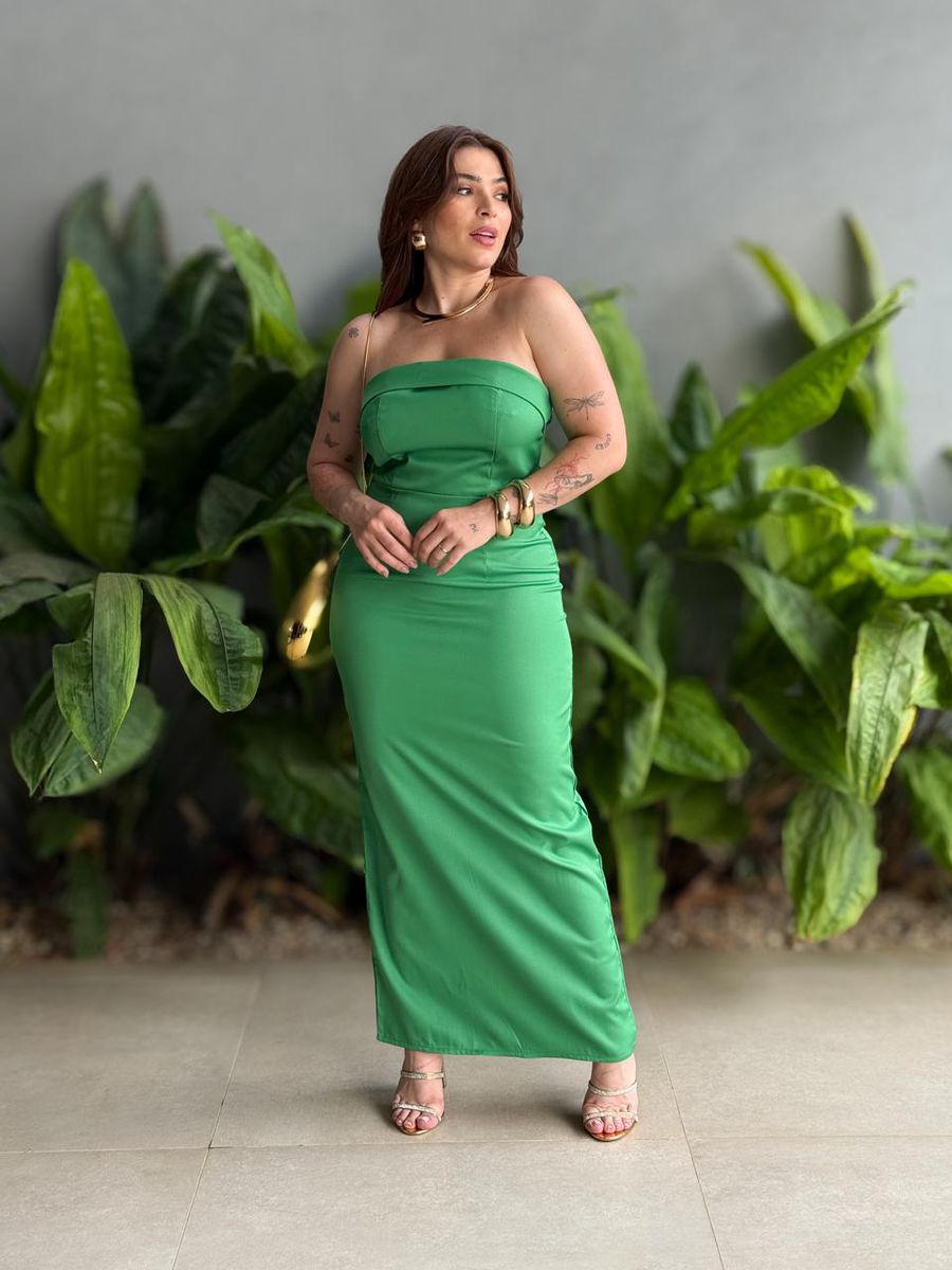 Vestido Midi Adriana Decote Sem Alças Em Alfaiataria Verde Bandeira