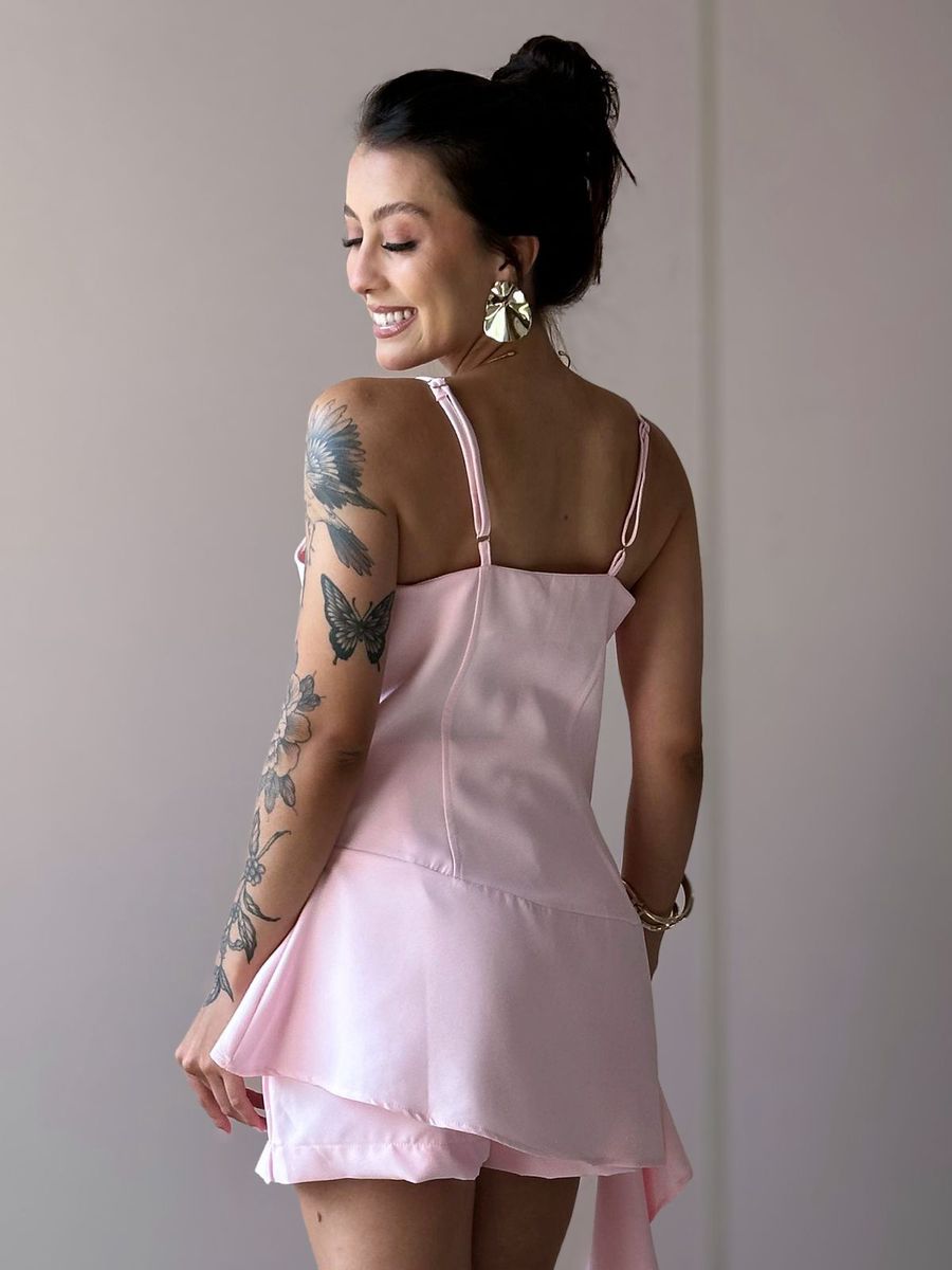 Conjunto Rochele Blusa E Shorts Saia Em Alfaiataria Rosa Claro