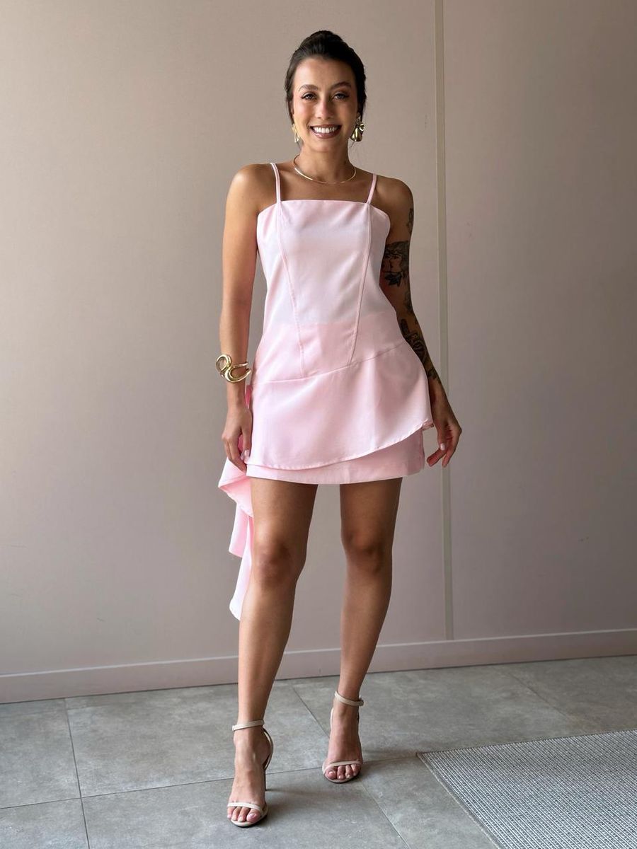 Conjunto Rochele Blusa E Shorts Saia Em Alfaiataria Rosa Claro