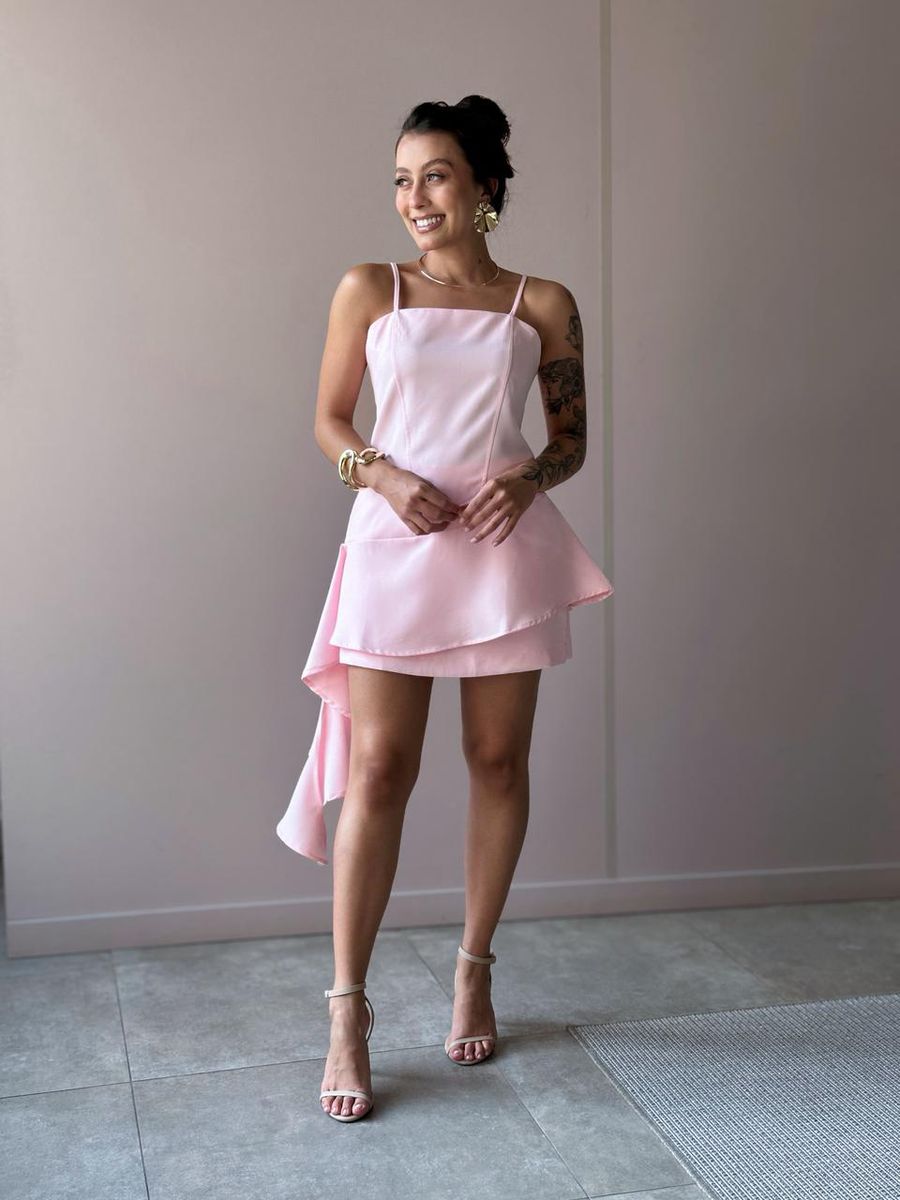 Conjunto Rochele Blusa E Shorts Saia Em Alfaiataria Rosa Claro