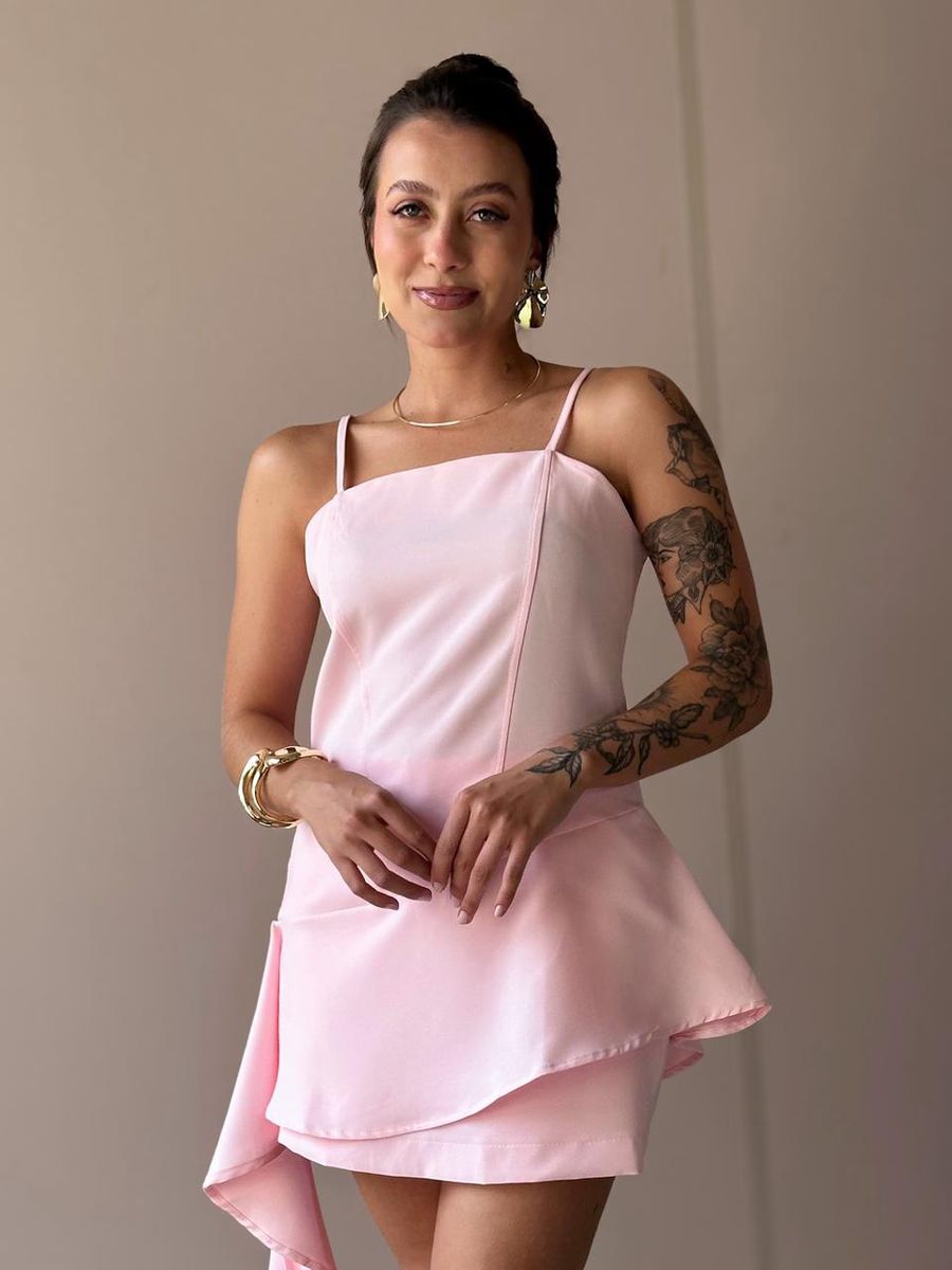 Conjunto Rochele Blusa E Shorts Saia Em Alfaiataria Rosa Claro