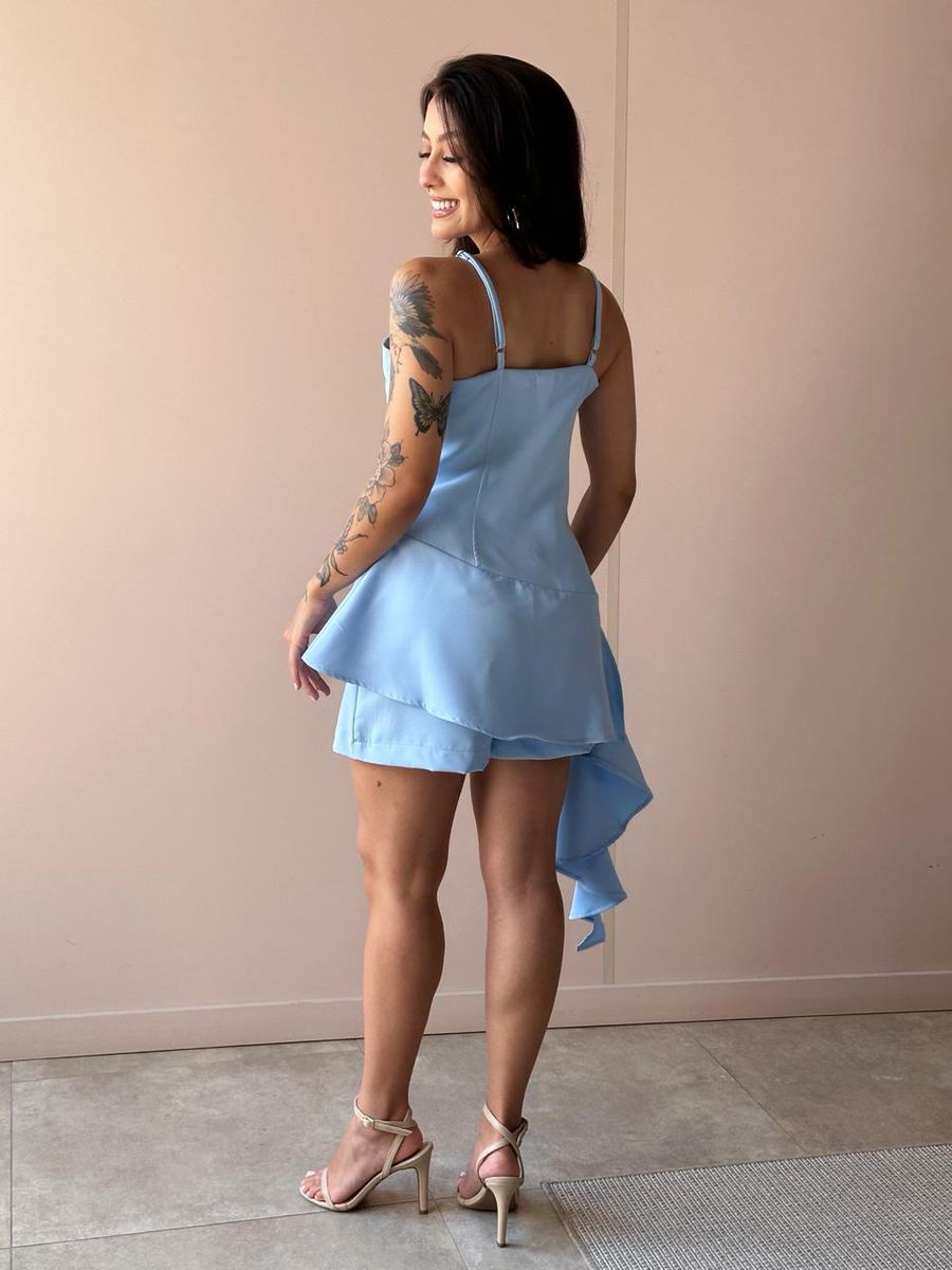 Conjunto Rochele Blusa E Shorts Saia Em Alfaiataria Azul Claro