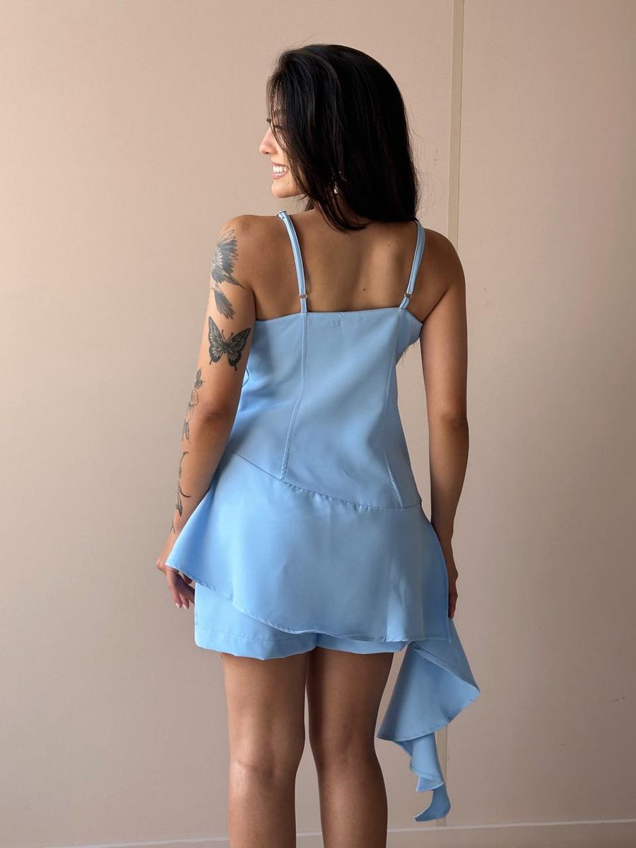 Conjunto Rochele Blusa E Shorts Saia Em Alfaiataria Azul Claro