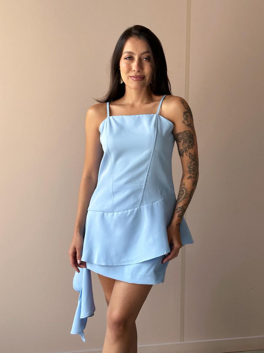 Conjunto Rochele Blusa E Shorts Saia Em Alfaiataria Azul Claro