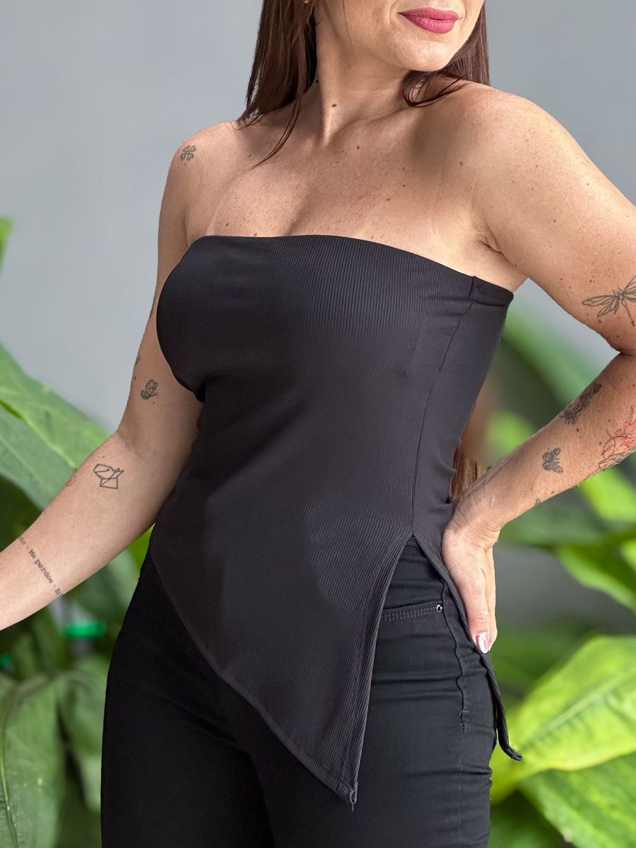 Blusa Sem Alças Assimétrica Preta