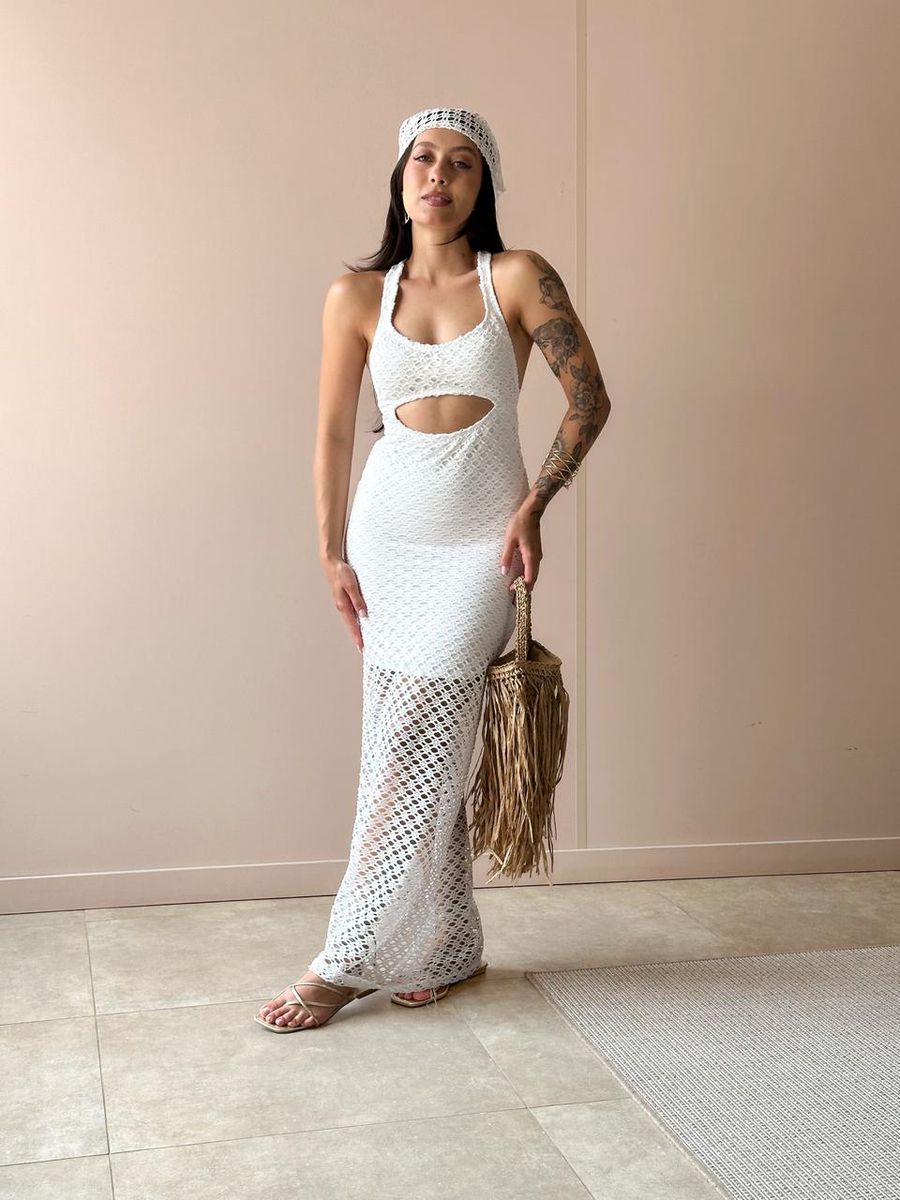 Vestido Midi Rendado Com Abertura Abaixo Do Busto Off White