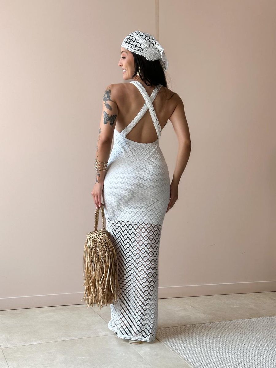 Vestido Midi Rendado Com Abertura Abaixo Do Busto Off White
