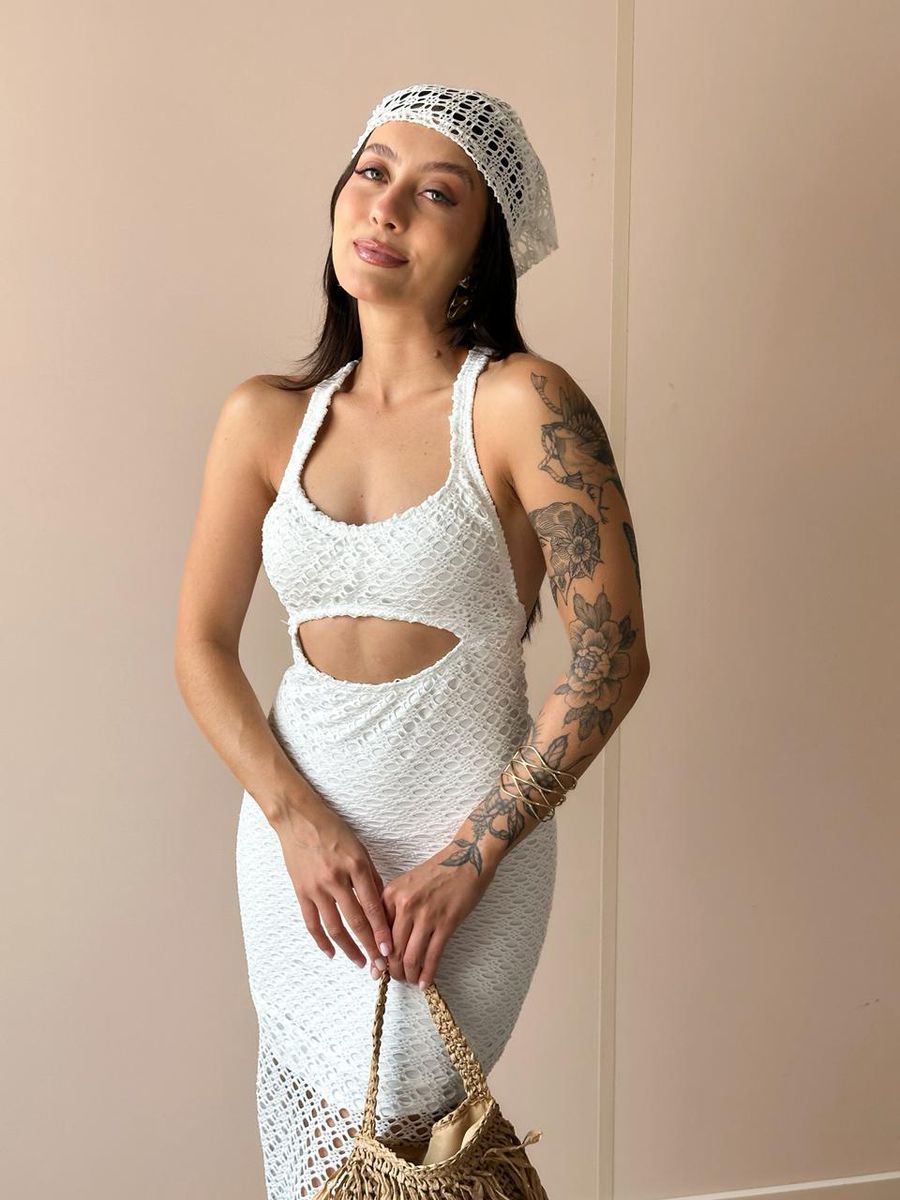 Vestido Midi Rendado Com Abertura Abaixo Do Busto Off White