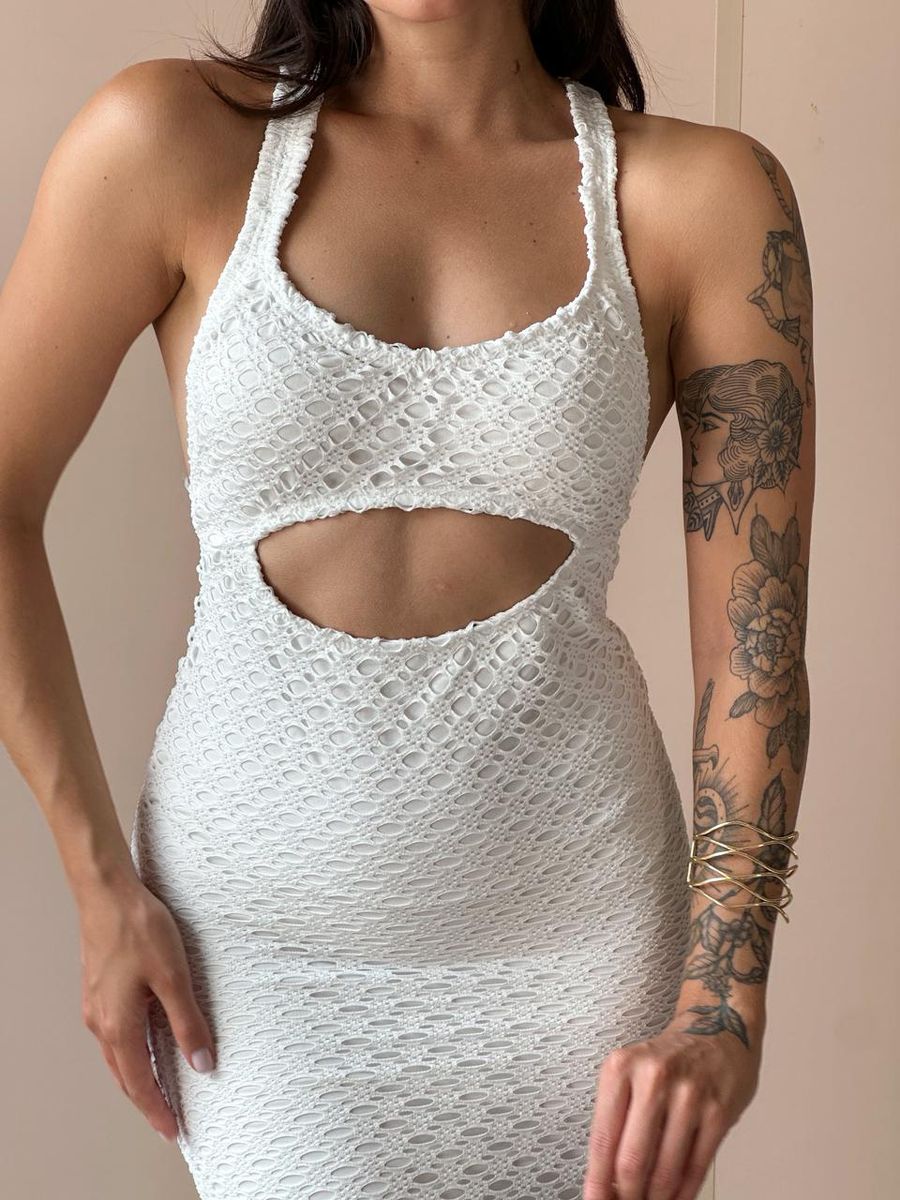 Vestido Midi Rendado Com Abertura Abaixo Do Busto Off White
