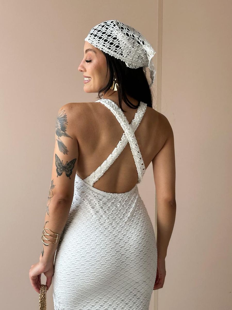Vestido Midi Rendado Com Abertura Abaixo Do Busto Off White