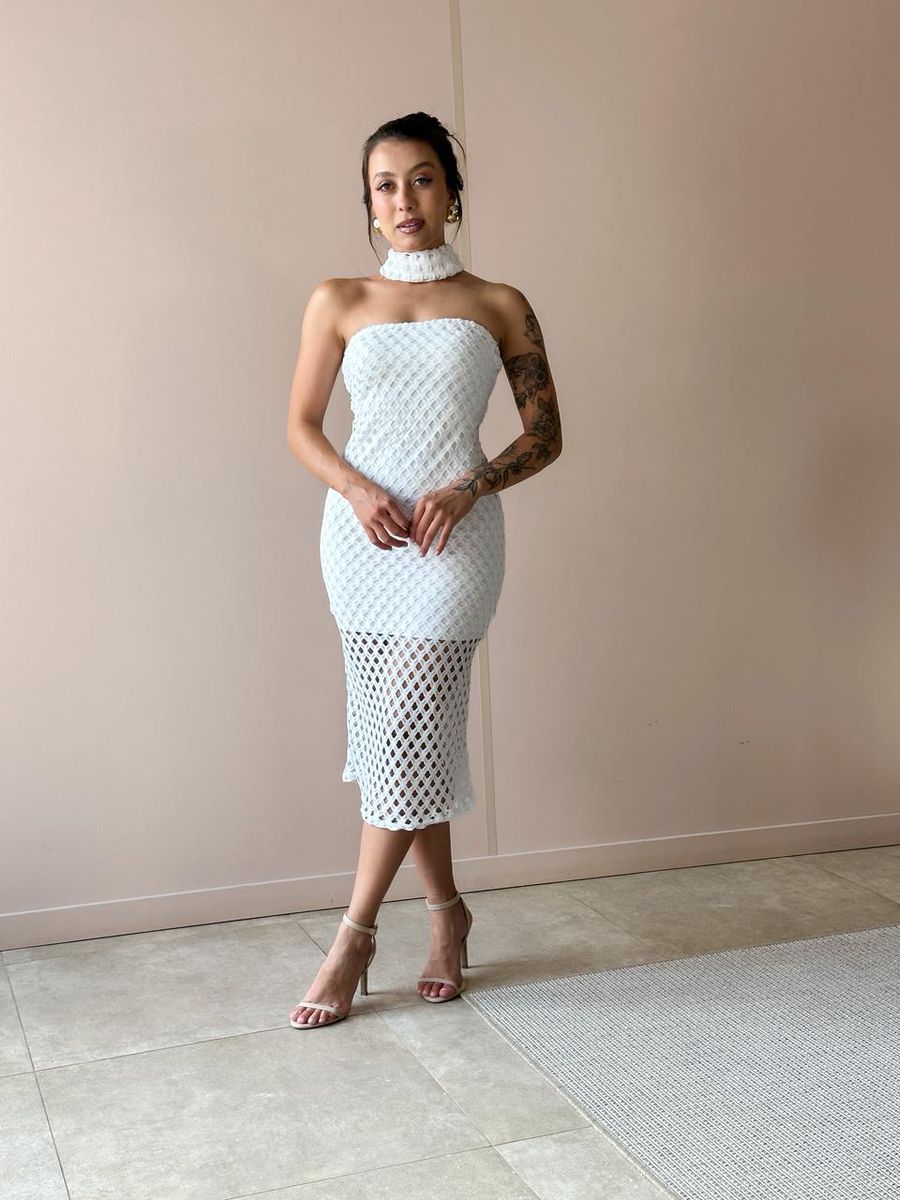 Vestido Midi Em Renda Sem Alças Off White