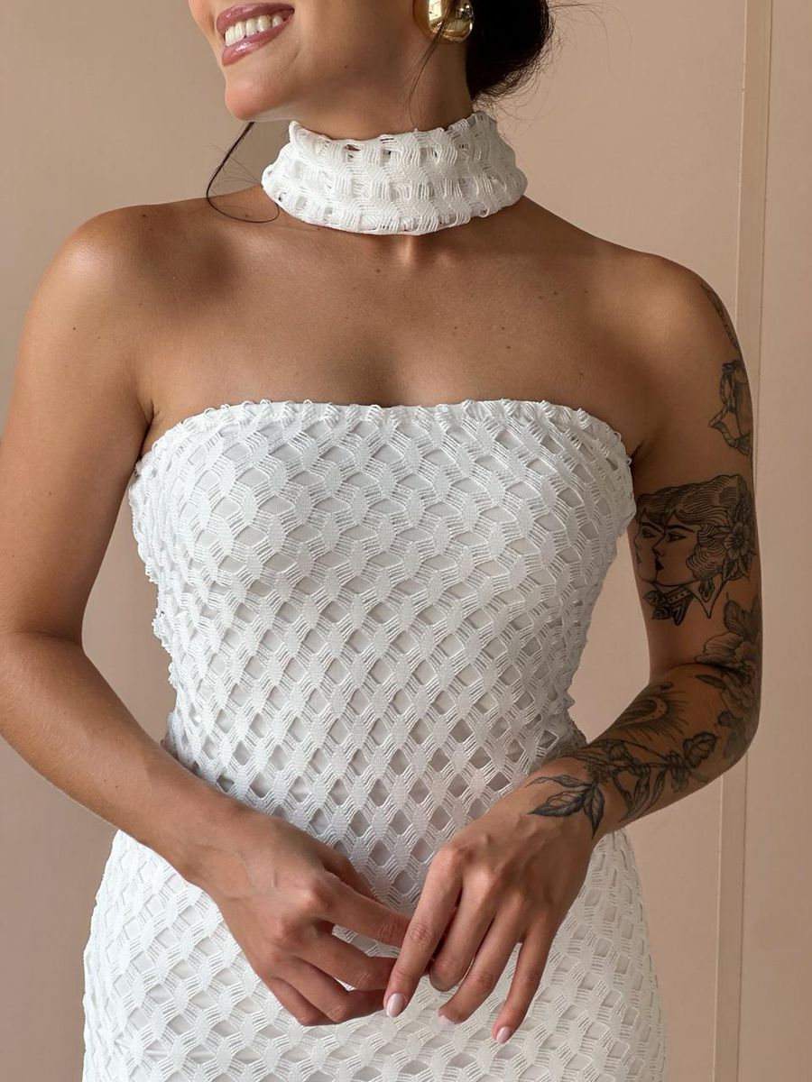 Vestido Midi Em Renda Sem Alças Off White