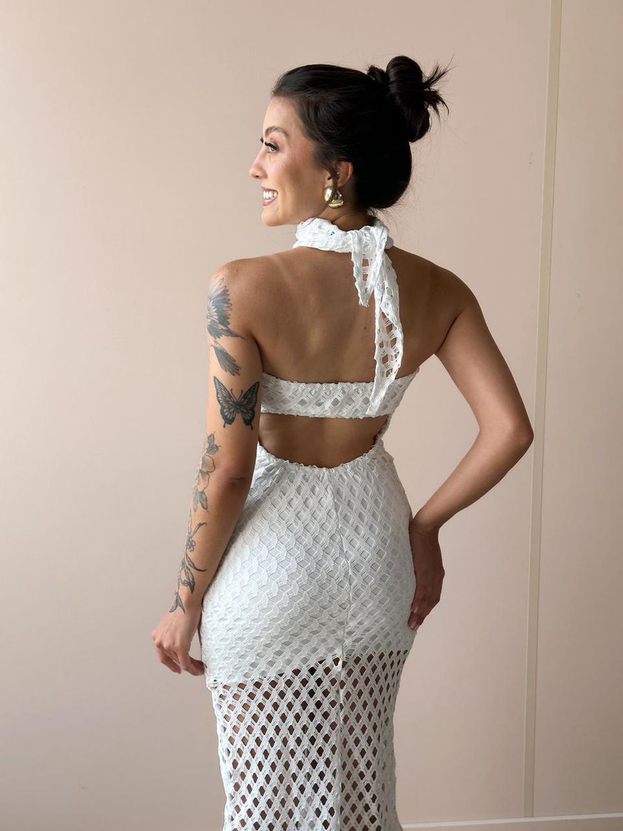 Vestido Midi Em Renda Sem Alças Off White
