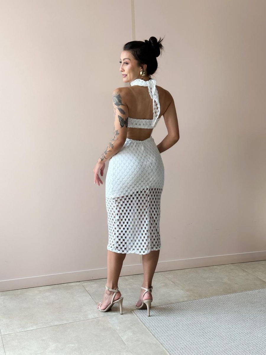 Vestido Midi Em Renda Sem Alças Off White