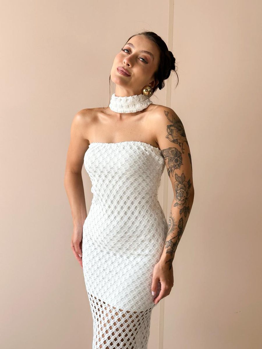 Vestido Midi Em Renda Sem Alças Off White