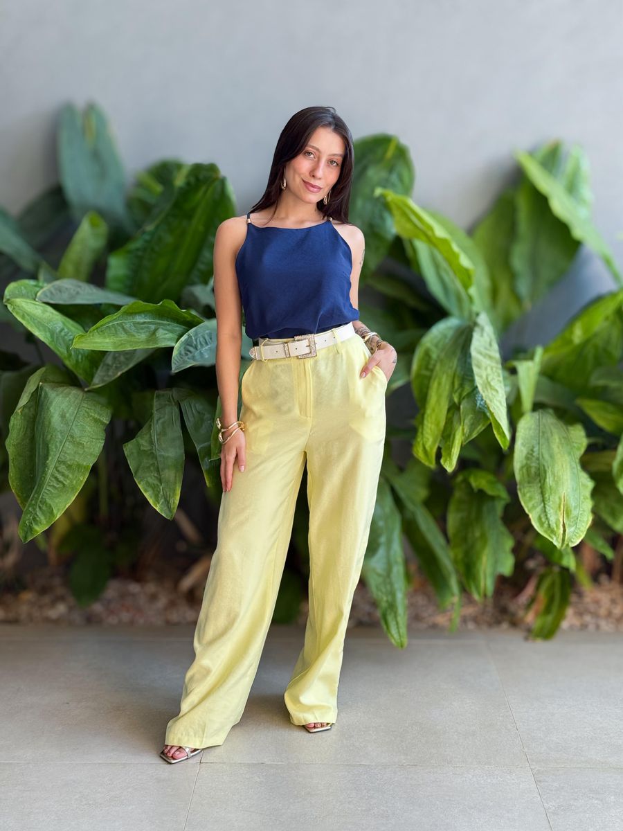Calça Pantalona Jordana Em Liocel Amarelo Manteiga