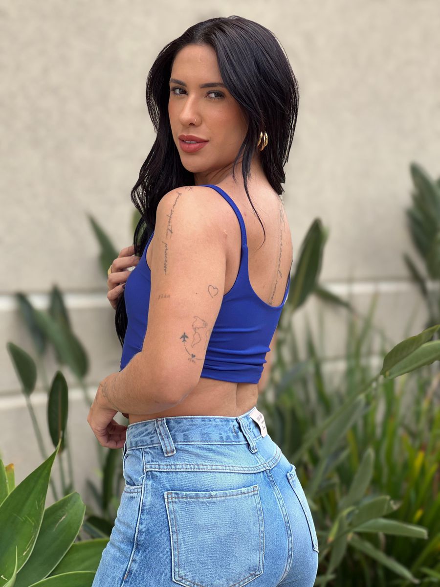Top Alças Finas Em Poliamida Azul Bic