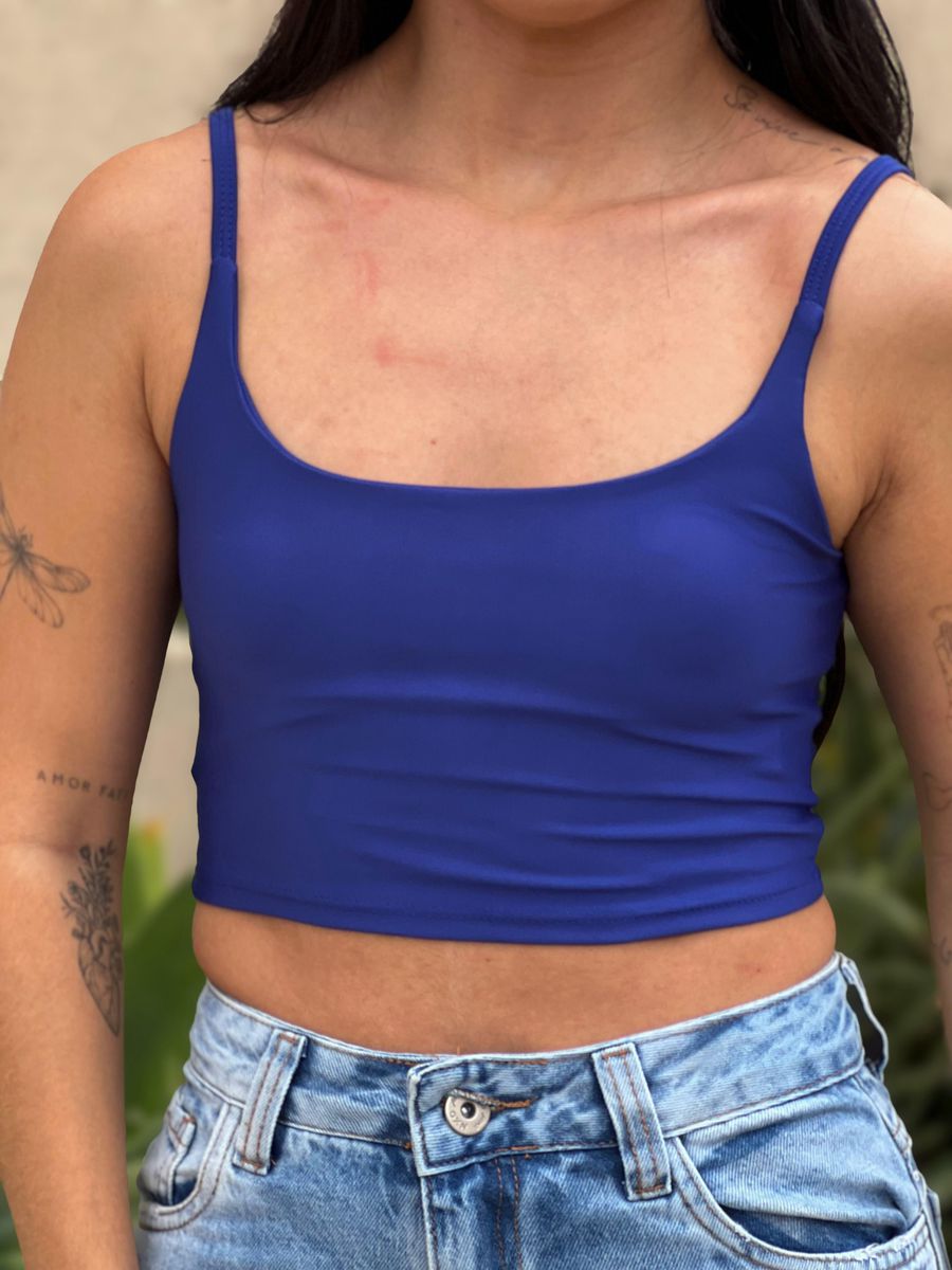 Top Alças Finas Em Poliamida Azul Bic
