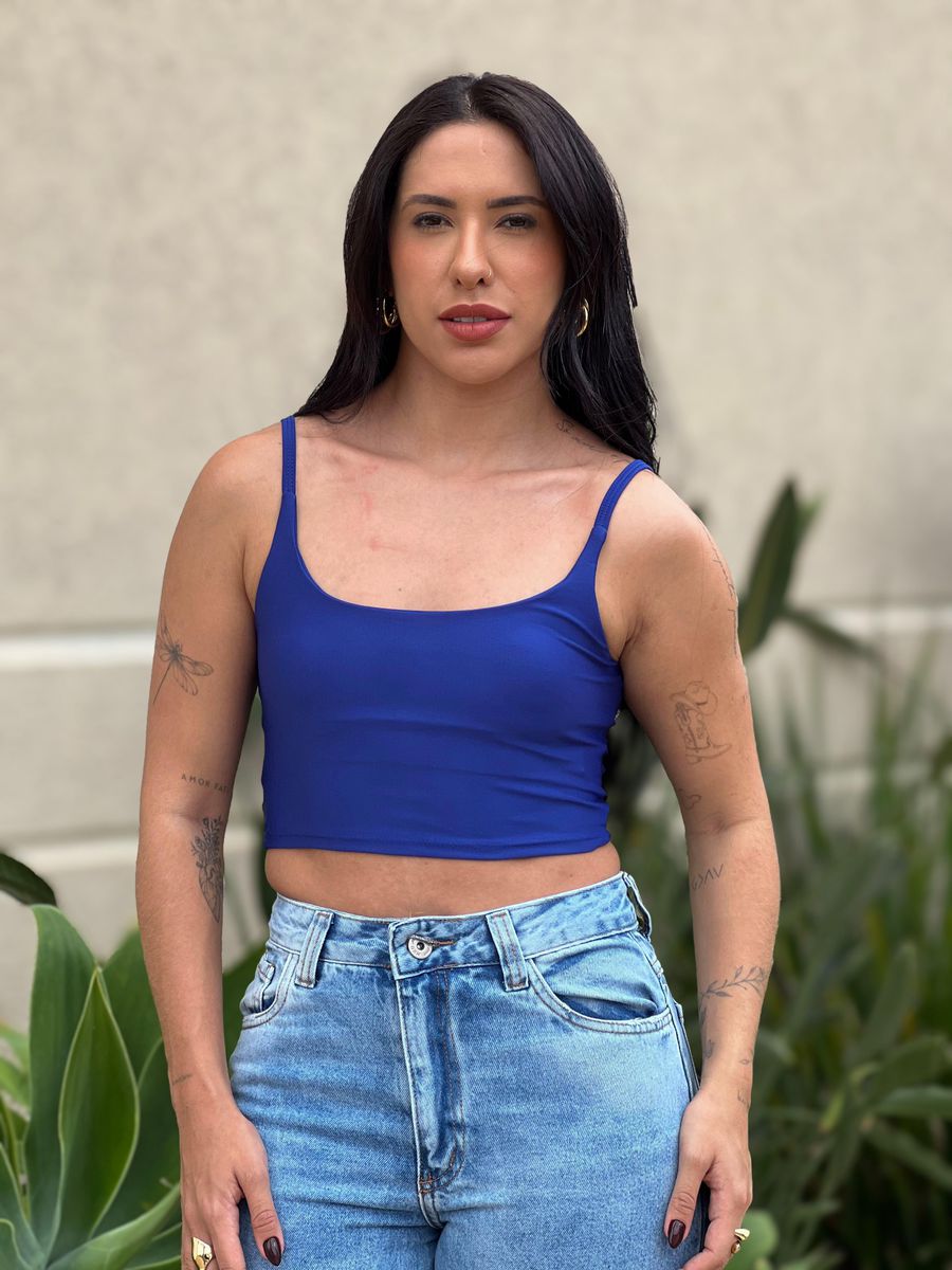 Top Alças Finas Em Poliamida Azul Bic