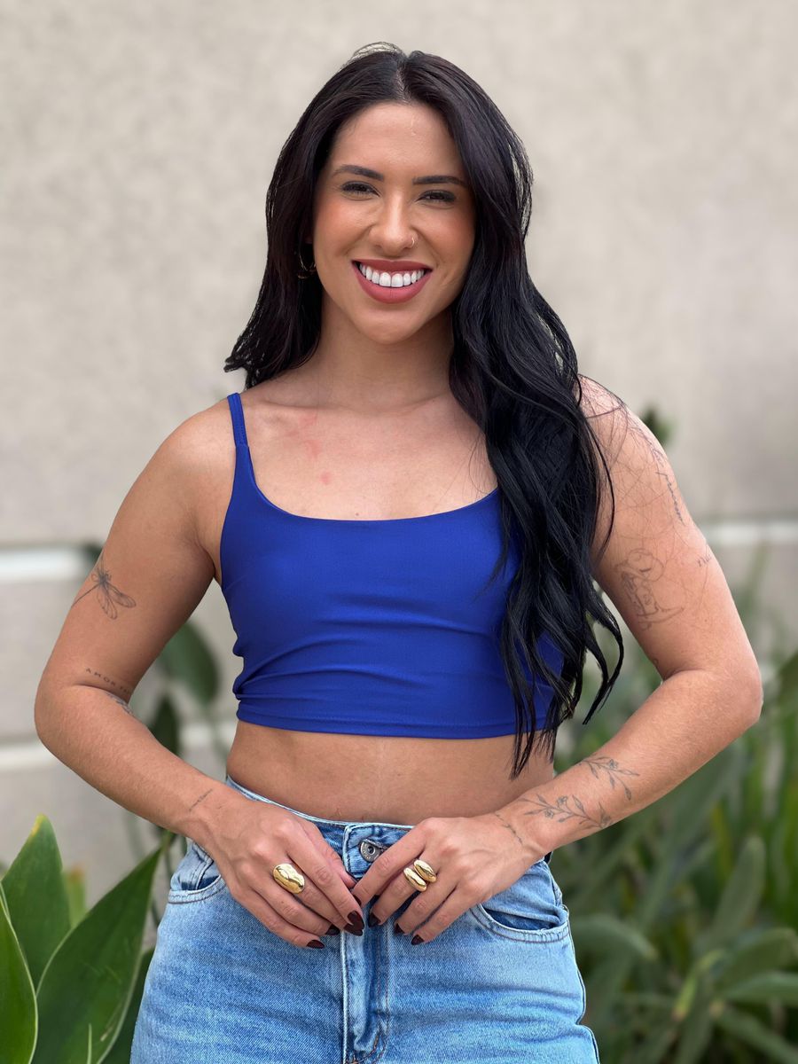 Top Alças Finas Em Poliamida Azul Bic