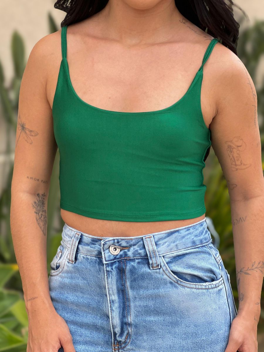 Top Alças Finas Em Poliamida Verde Bandeira