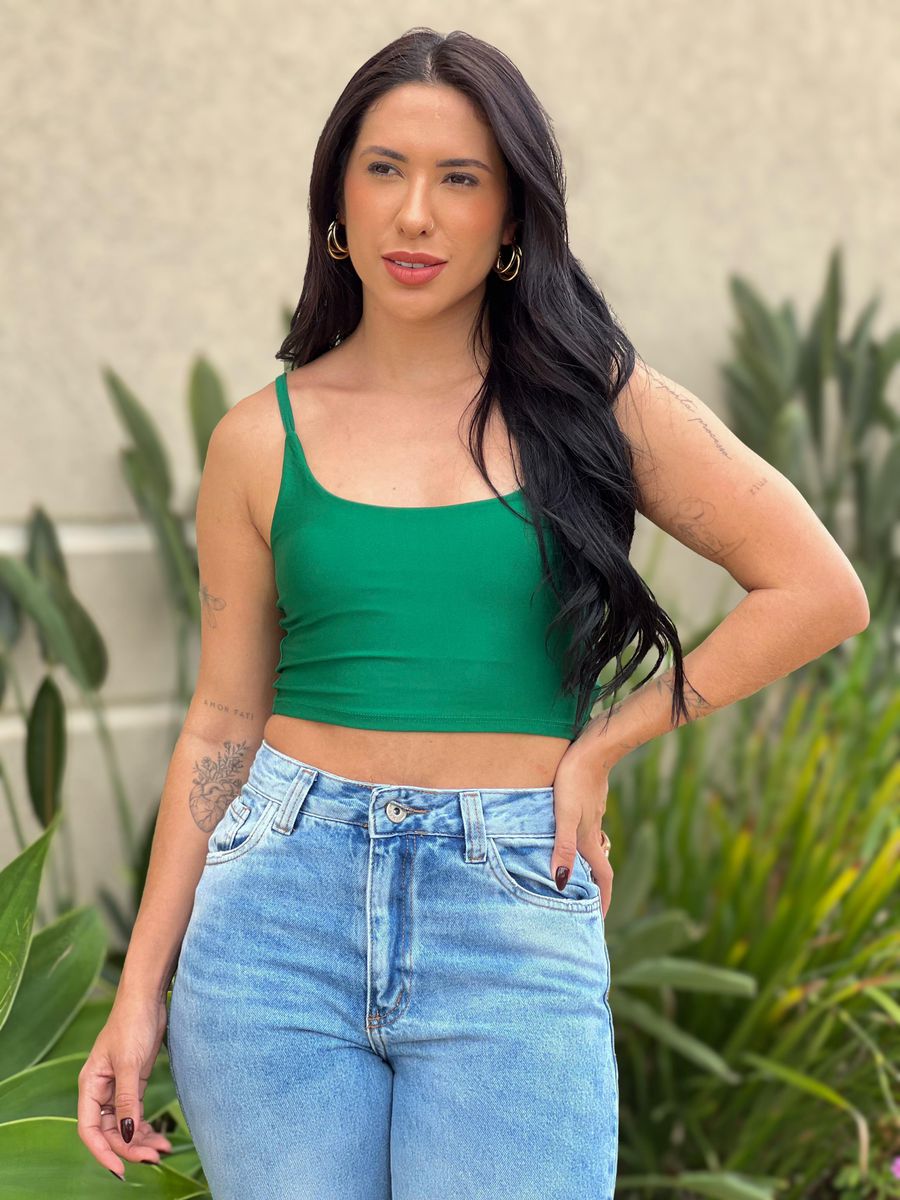 Top Alças Finas Em Poliamida Verde Bandeira