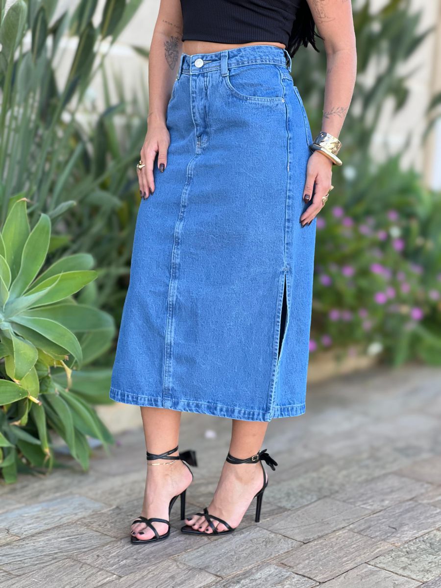 Saia Jeans Midi Ozzo 365 Lavagem Escura 