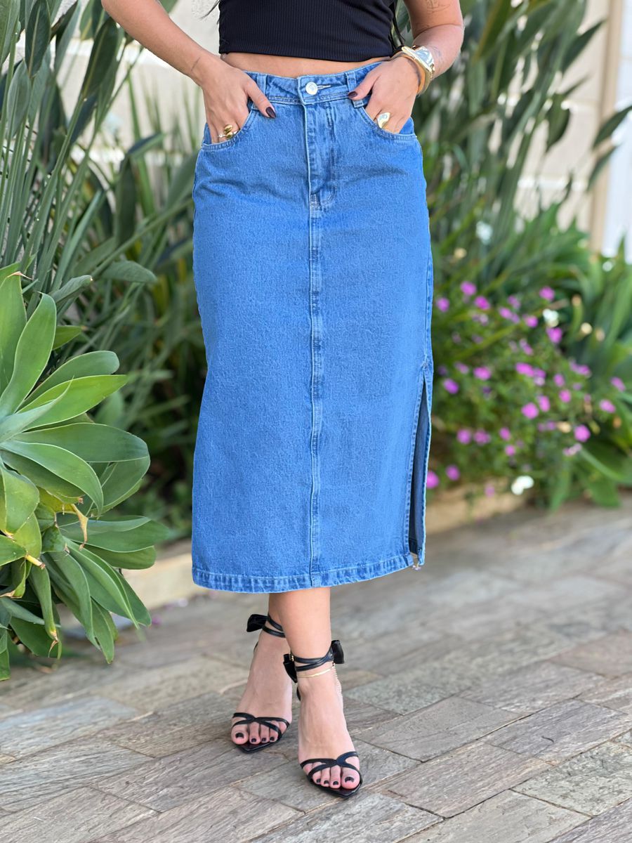 Saia Jeans Midi Ozzo 365 Lavagem Escura 