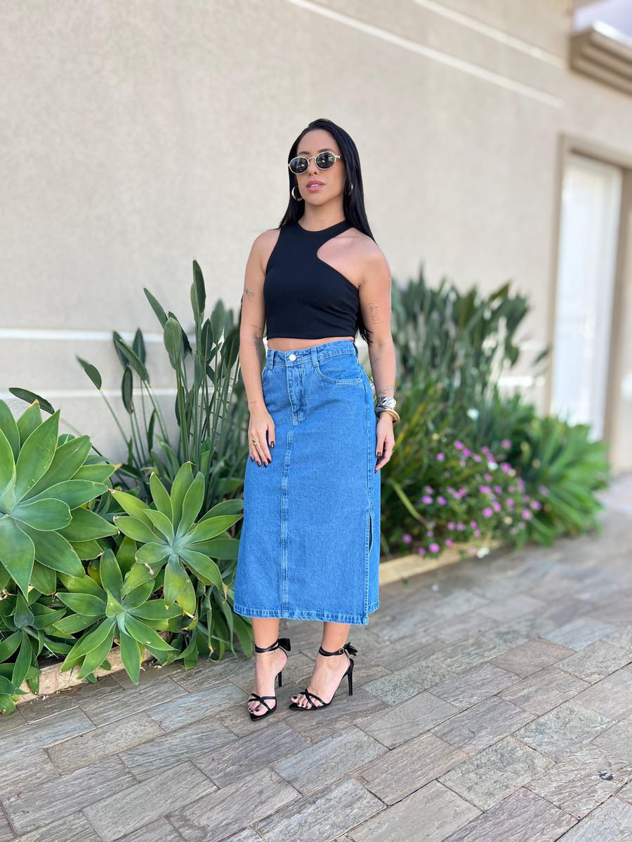 Saia Jeans Midi Ozzo 365 Lavagem Escura 