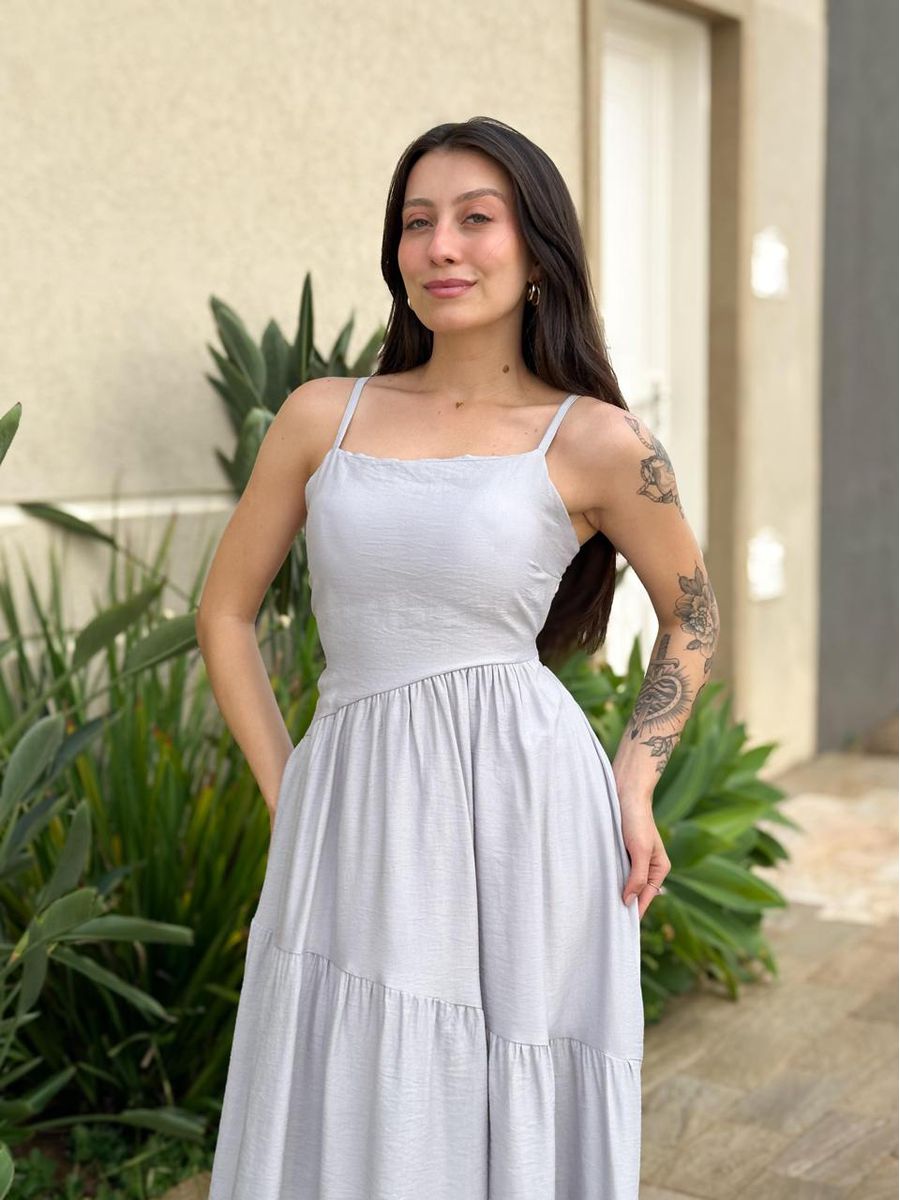 Vestido Longo Micaela Cinza Claro