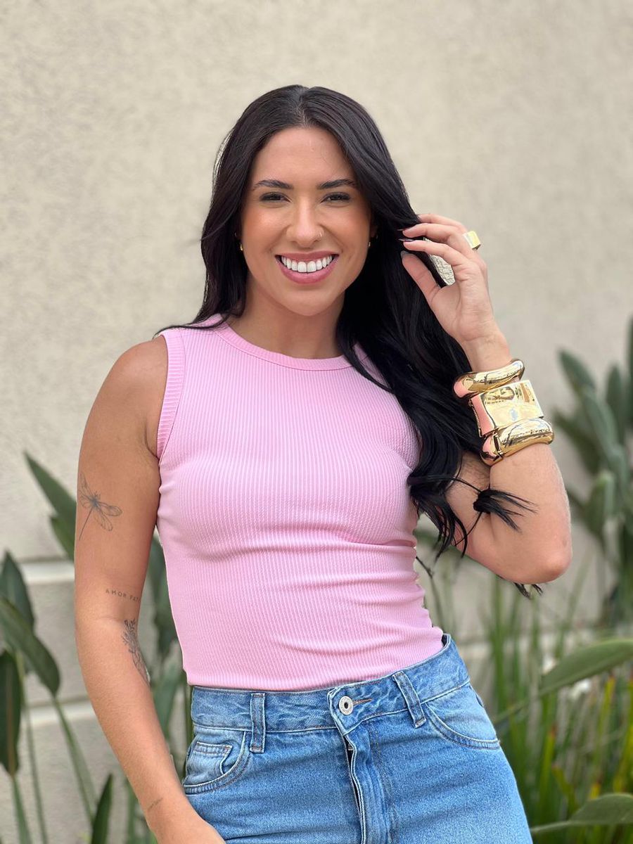 Body Regata Em Malha Anarruga Rosa Claro